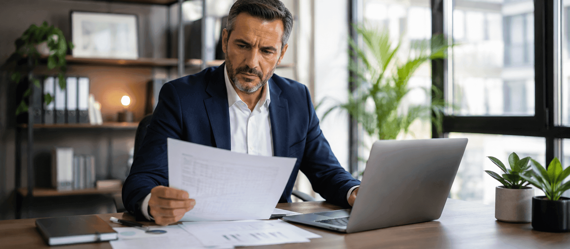 Gestor imobiliário analisando relatório financeiro em notebook