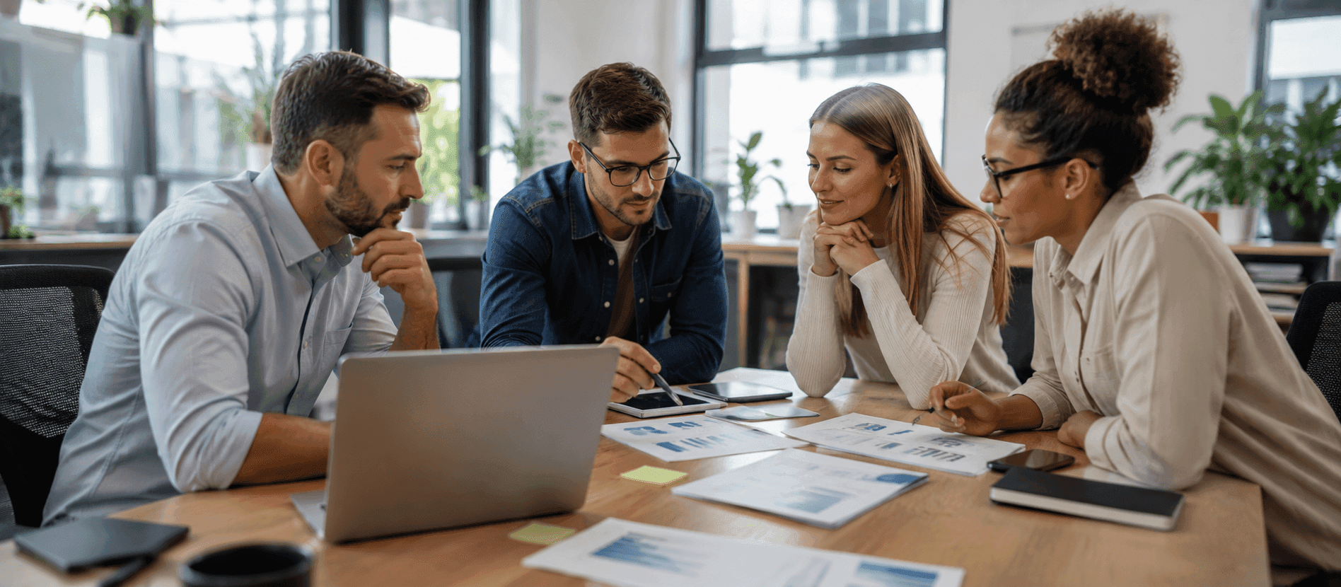 Equipe de imobiliária analisando relatórios financeiros e operacionais em um sistema integrado